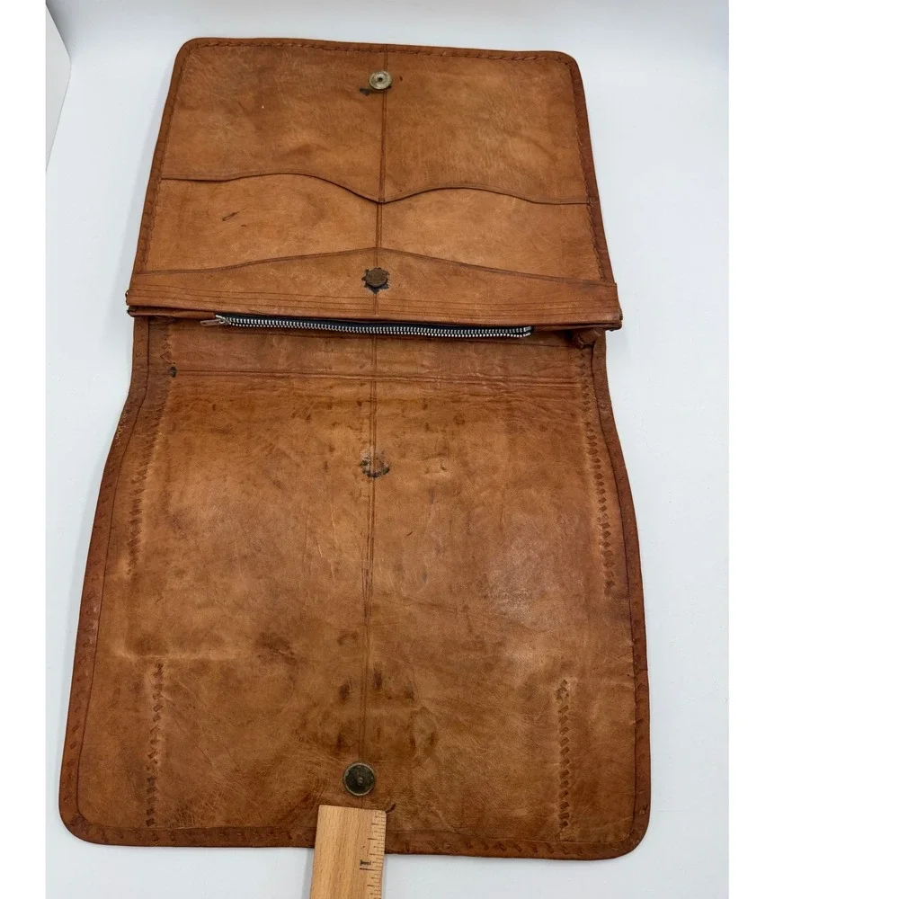 Vintage Reptile Embossed Leather Clutch Brown Portfolio Zip Bag Hornback Style